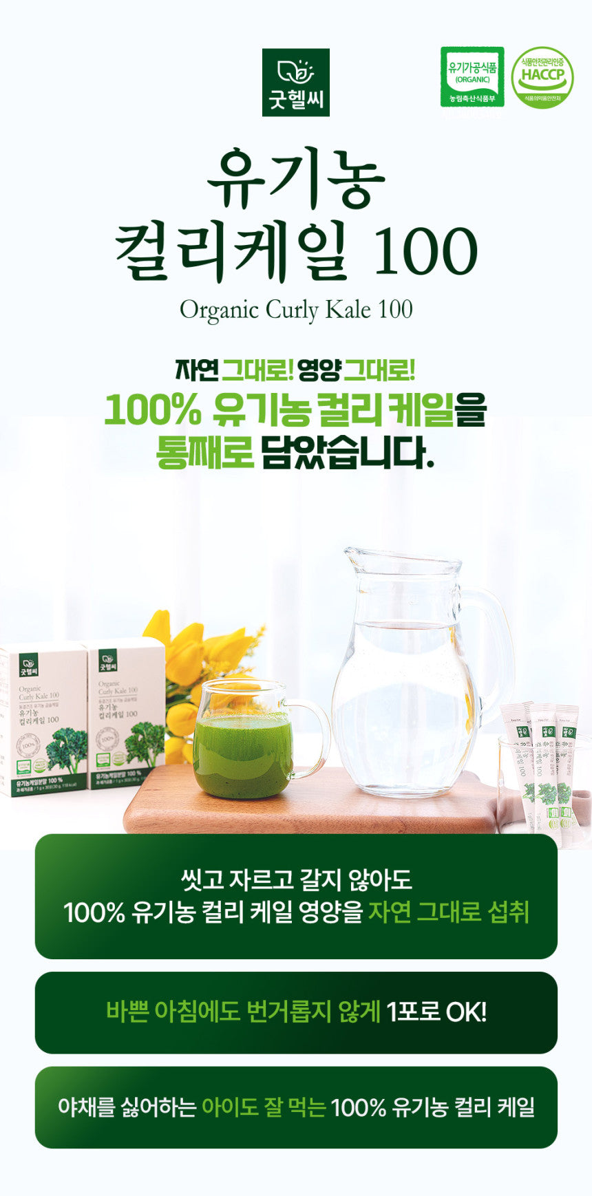 Organic Curly Kale 100% Freeze-Dried Powder Sticks | Korean Superfood Kale Supplement 30g (30 Sticks) - Vitamins A C K Boost