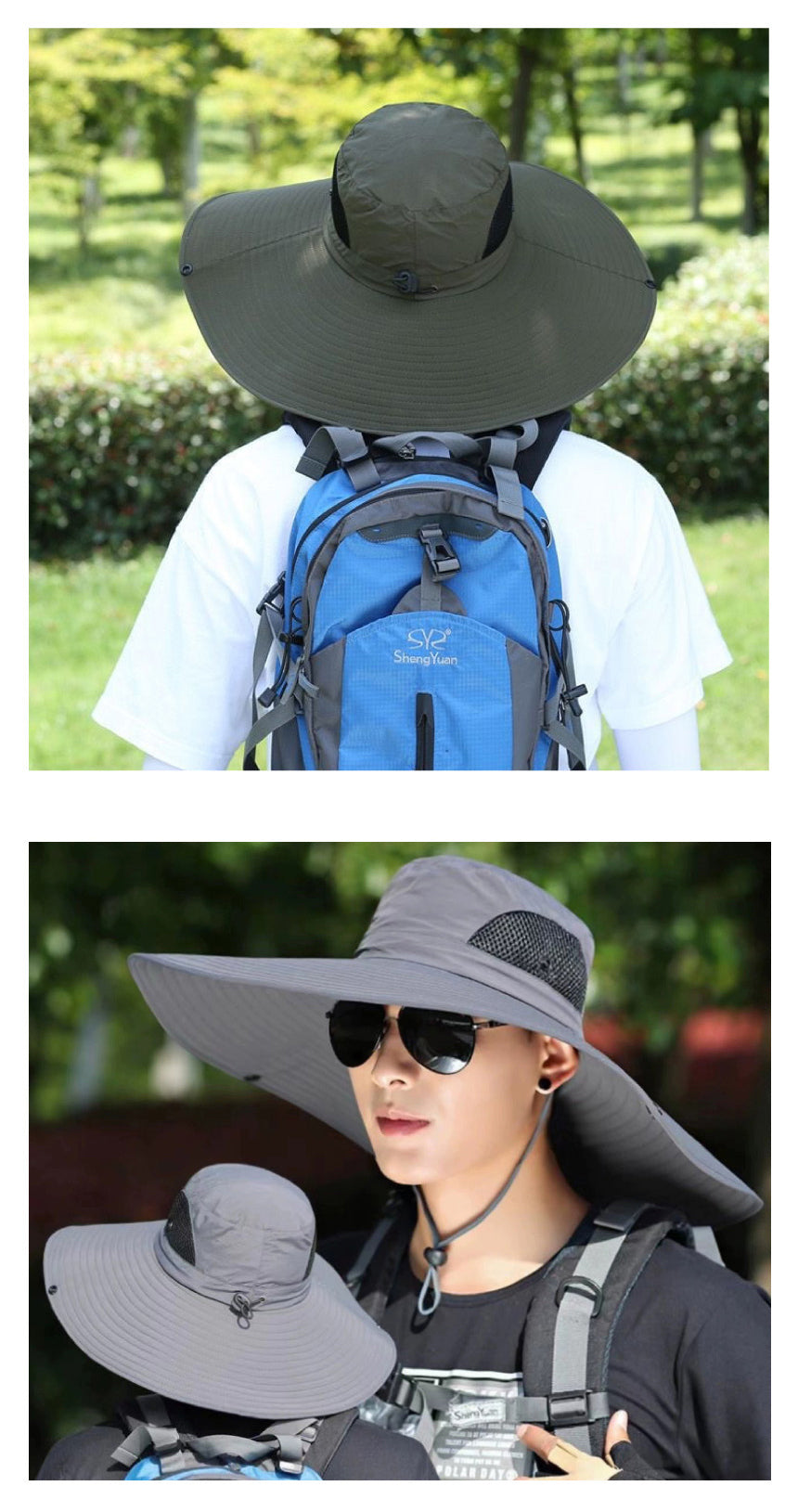 two pictures of a man wearing a hat and a backpack