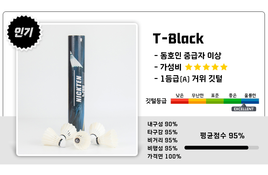 닉텐 T-BLACK 거위털 셔틀콕 1타 12개입 - 진명번개 테스트 84점 최고 가성비