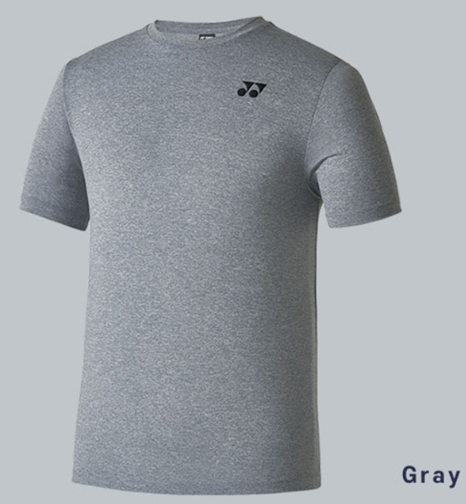 a grey t - shirt with a black logo on the chest